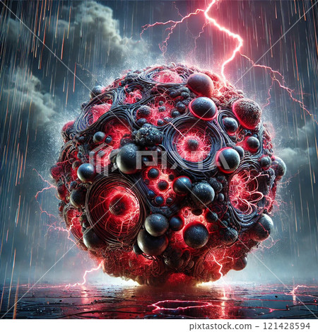 Lightning strikes the red glowing sphere and crackles 121428594