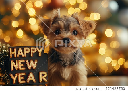 Puppy dog pet happy new year blur gold background 121428760