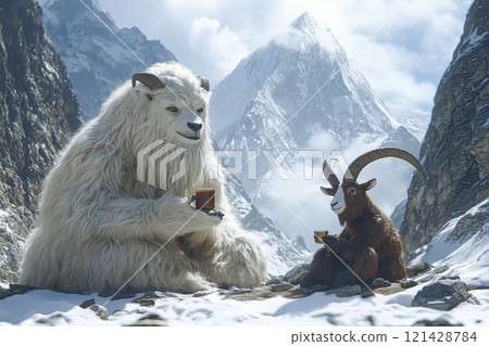 A Smiling yeti drinking a tea with a giant mountain goat sitting in the snow, himalaya mountain background 121428784