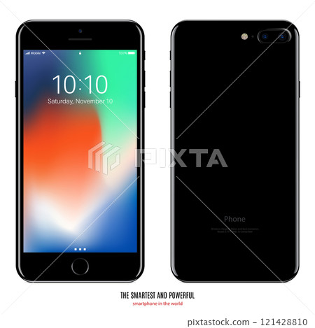 smartphone in black color with colorful screen front and back side on white background. stock vector illustration eps10 121428810