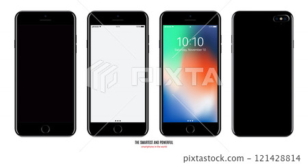 smartphone black color with colored touch screen saver front, back and side view isolated on white background. realistic and detailed mobile phone mockup. stock vector illustration 121428814