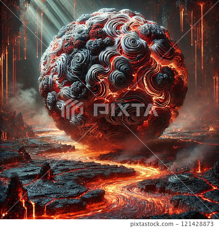 A red sludgy sphere rests on top of the magma. 121428873