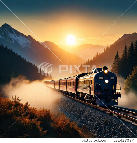 beautiful old train on the mountain trains at sunset 121428887
