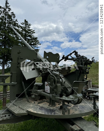 Vintage Military Artillery Display with Verdant Backdrop 121428941