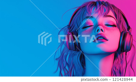 Woman listening to music through headphones, ecstatic expression (generated AI image) 121428944