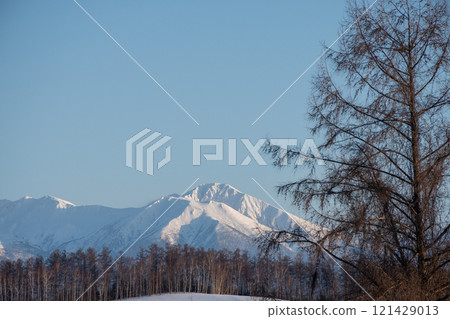 Blue winter sky and snowy mountain peaks, Tokachi mountain range 121429013