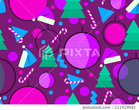 Christmas seamless pattern with geometric shapes in 80s style. Festive pattern with fir trees, lollipops, Christmas balls and Santa hats. Design for banners, wrappers and covers. Vector illustration Christmas seamless pattern with geometric shapes in 80s style. Festive pattern with fir trees, lollipops, Christmas balls and Santa hats. Design for banners, wrappers and covers. Vector illustration 121429092
