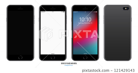 smartphone black matte color with black, blank and colored touchscreen saver with backside isolated on white background. realistic and detailed mobile phone mockup. stock vector illustration 121429143