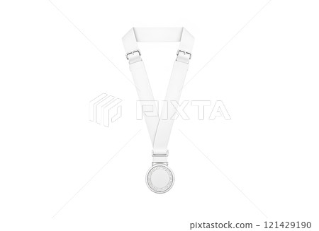 Blank silver medal with ribbon mockup lying, top view. Blank silver medal with ribbon mockup lying, top view. 121429190