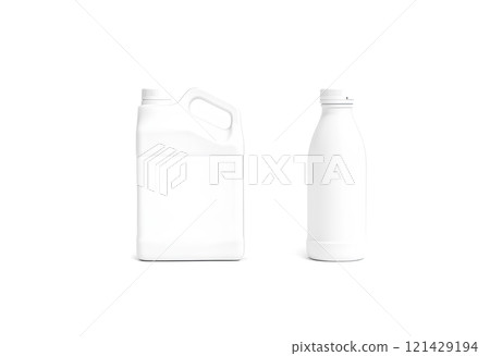 Blank transparent plastic canister with water bottle mockup stand isolated, 121429194
