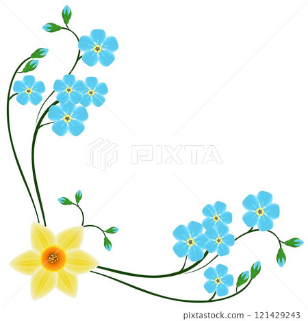 Corner with blue forget me not flowers and daffodil. 121429243