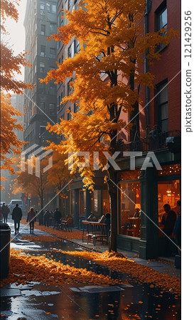 Rainy autumn cityscape with vibrant foliage, warm streetlights, and bustling pedestrians. 121429256