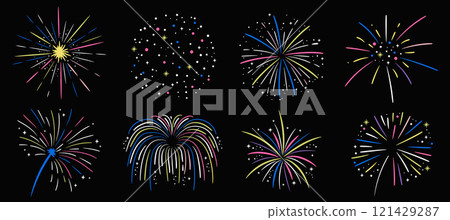 Colorful fireworks and stars. Hand drawn decor elements collection. Doodle sketch on black background. Vector explosions set. 121429287