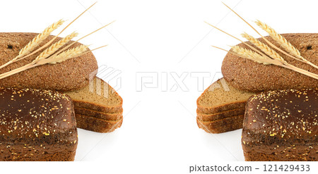 whole grain breads with seeds isolated on the white background. top view. healthy food. Wide photo. Free space for text. Collage. 121429433