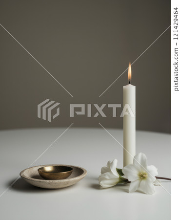 White flowers, candles, relaxation, altar, ceremony 121429464
