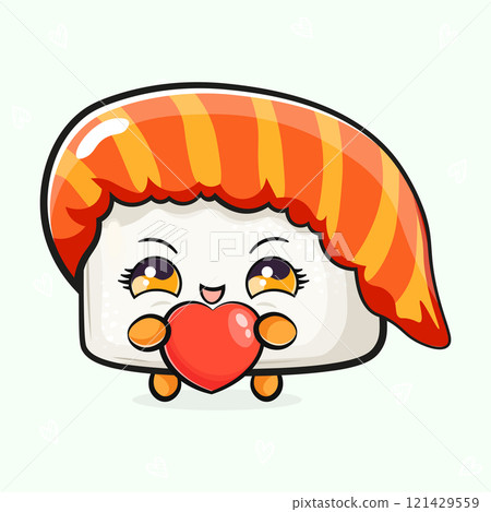 Cute funny Sushi with heart in hand. Vector hand drawn cartoon kawaii character illustration icon. Isolated on light green background. Sushi character concept 121429559