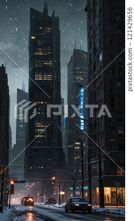 Futuristic metropolis architecture and ferris wheel view under fallen snow. 121429656