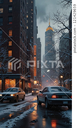 Snow-covered streets gleam under the soft glow of streetlights, casting a magical spell over the cityscape 121429659