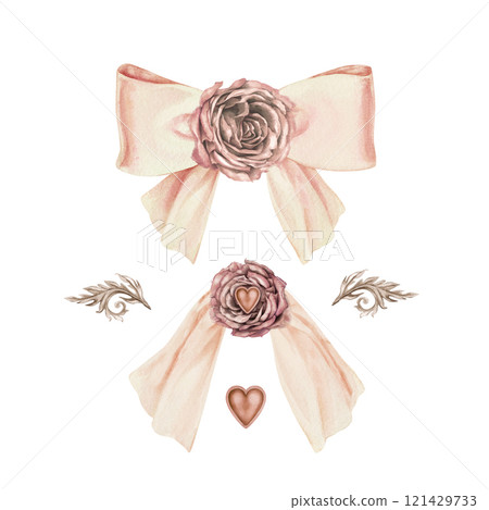 Large delicate festive light pink-beige bow and a ribbon holder with a symbol of a heart and a rose. Hand drawn template for wedding invitation, valentine's day greeting, women's card, mother's day 121429733