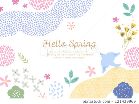 Spring birds and flowers pastel color illustrations 121429969