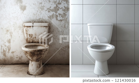 Restroom renovation showing before and after toilet conditions 121430016