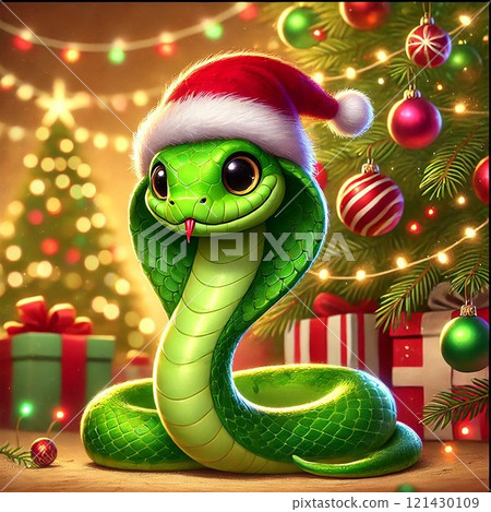 Green snake, symbol of the New Year 2025. Cute snake in a red Santa Claus hat near the Christmas tree. Green snake, symbol of the New Year 2025. Cute snake in a red Santa Claus hat near the Christmas tree. 121430109