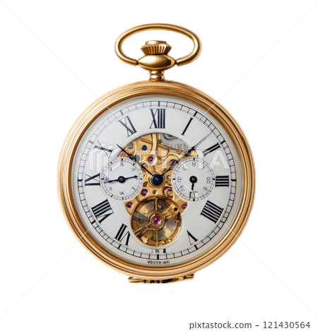 Antique Gold Pocket Watch with Roman Numerals and Exposed Mechanism on White Background. 121430564