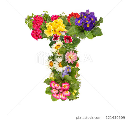 Letter T made of various colorful flowers Letter T made of various colorful flowers 121430609