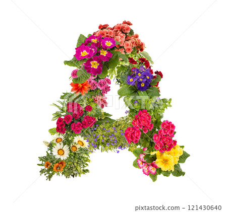 Letter A made of various colorful flowers 121430640