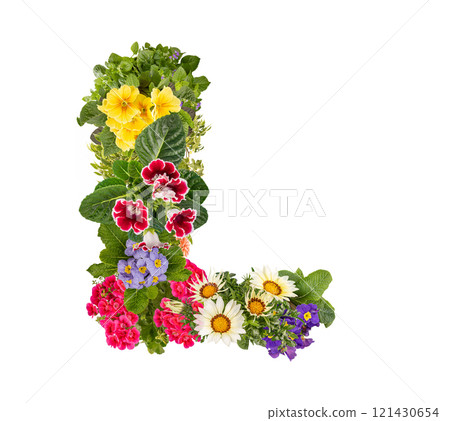 Letter L made of various colorful flowers Letter L made of various colorful flowers 121430654