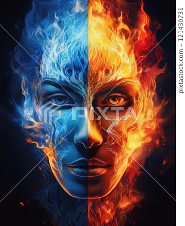 Split face burning half in orange fire flame and other side in ice blue blaze. Surreal contrasting personality, conceptual background. Bipolar energy concept 121430731