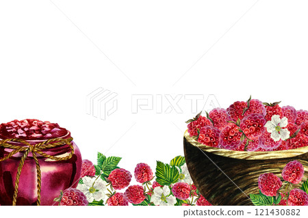 A banner with an image of raspberries, Raspberries in a wooden vase and raspberry jam in a jar. Handmade watercolor illustration. Highlight it. For packaging, labels and flyers, banners and recipes. 121430882