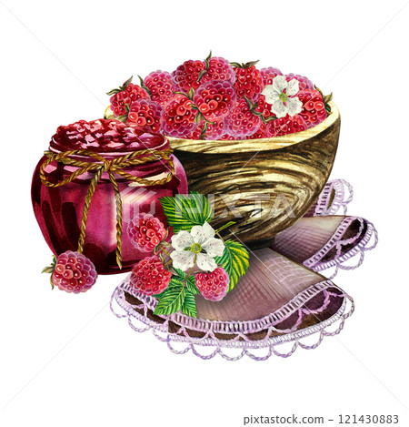 Raspberries in a wooden bowl and raspberry jam in a jar. Handmade watercolor illustration. Highlight it. Beautiful vintage still life. For packaging, labels and flyers. For banners, stickers, recipes. Raspberries in a wooden bowl and raspberry jam in a jar. Handmade watercolor illustration. Highlight it. Beautiful vintage still life. For packaging, labels and flyers. For banners, stickers, recipes. 121430883