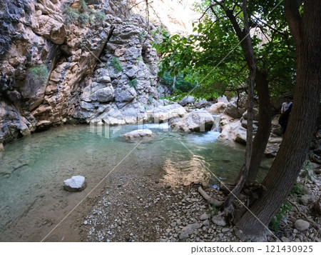 Mountain river backwater with clear water against the background of stone cliffs and trees Mountain river backwater with clear water against the background of stone cliffs and trees 121430925