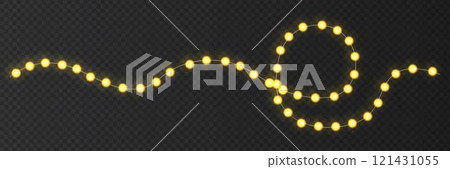 Festive Christmas light  glowing garland string on dark background. 121431055