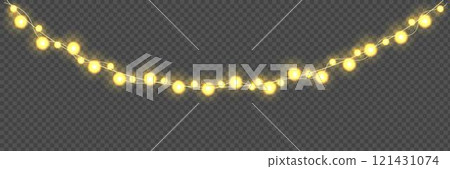 Festive Christmas light  glowing garland string on dark background. 121431074