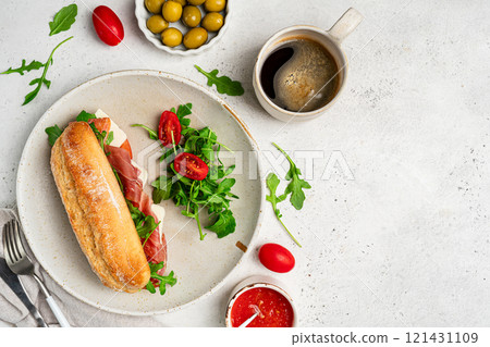 Assorted delicious baguette sandwiches 121431109