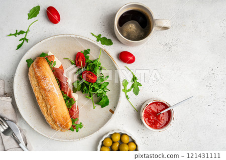 Assorted delicious baguette sandwiches 121431111