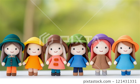 There is a collection of dolls standing closely next to one another on a table 121431331