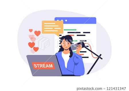 Video streaming web concept with flat cartoon people for website design. Woman talking to microphone and making live broadcast, creating blog content with news and followers chat. Vector illustration. Video streaming web concept with flat cartoon people for website design. Woman talking to microphone and making live broadcast, creating blog content with news and followers chat. Vector illustration. 121431347