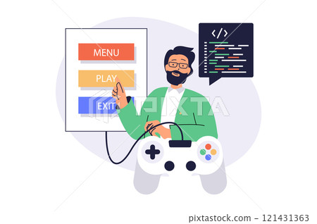 Video game developer web concept with flat cartoon people for website design. Man programming and coding at game project, creating navigation buttons with menu, play and exit. Vector illustration. Video game developer web concept with flat cartoon people for website design. Man programming and coding at game project, creating navigation buttons with menu, play and exit. Vector illustration. 121431363