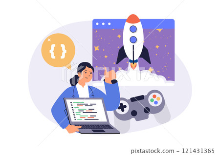 Video game developer web concept with flat cartoon people for website design. Woman programming and coding at startup game project, testing software with controller console. Vector illustration. Video game developer web concept with flat cartoon people for website design. Woman programming and coding at startup game project, testing software with controller console. Vector illustration. 121431365
