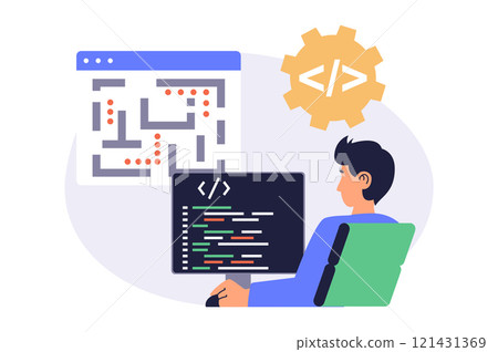 Video game developer web concept with flat cartoon people for website design. Man creating and writing code for simple computer game, programming at screen, testing interface. Vector illustration. 121431369