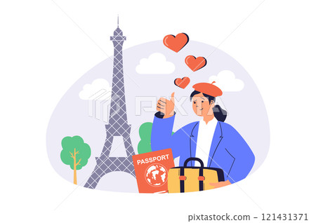 Travel and tourism web concept with flat cartoon people for website design. Woman with suitcase visiting France and enjoying landmarks and architecture, sightseeing Eiffel tower. Vector illustration. 121431371