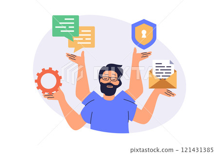 System administrator web concept with flat cartoon people for website design. Man does maintenance to server infrastructure, making updates, protecting service and chatting. Vector illustration. 121431385