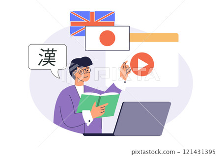 Studying foreign language online web concept with flat cartoon people for website design. Man learning japanese with internet course, watching video at laptop and reading books. Vector illustration. 121431395