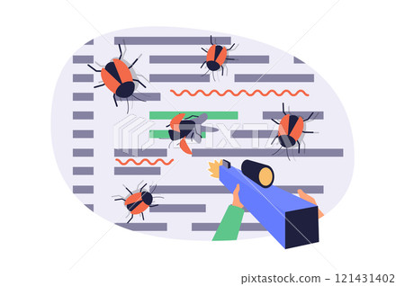 Software testing web concept with flat cartoon people for website design. Developer with shoot gun looking program bugs, finding problems in program, debugging code at screen. Vector illustration. 121431402