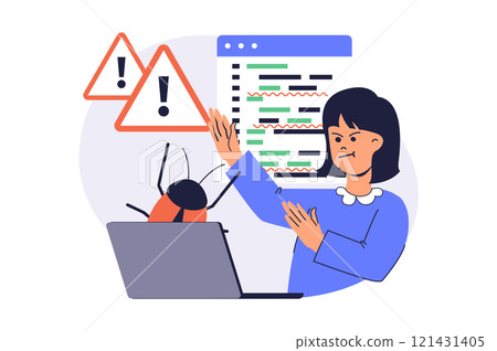 Software testing web concept with flat cartoon people for website design. Woman making analysis and finding errors in program, fighting bugs and debugging code, working at laptop. Vector illustration. 121431405