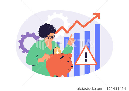 Saving money web concept with flat cartoon people for website design. Woman collecting coins in piggy bank, makes financial data analysis with chart and arrow growth, gets profit. Vector illustration. Saving money web concept with flat cartoon people for website design. Woman collecting coins in piggy bank, makes financial data analysis with chart and arrow growth, gets profit. Vector illustration. 121431414