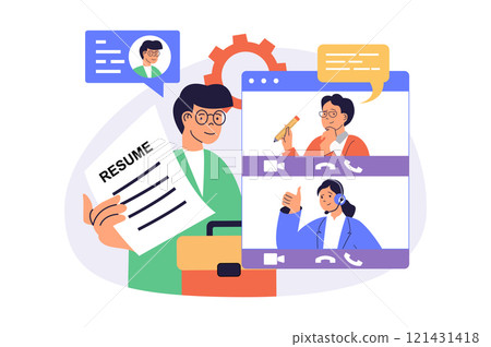Online job interview web concept with flat cartoon people for website design. Man presents his resume, talking HR agency team by video calls, finding new job remotely in company. Vector illustration. 121431418
